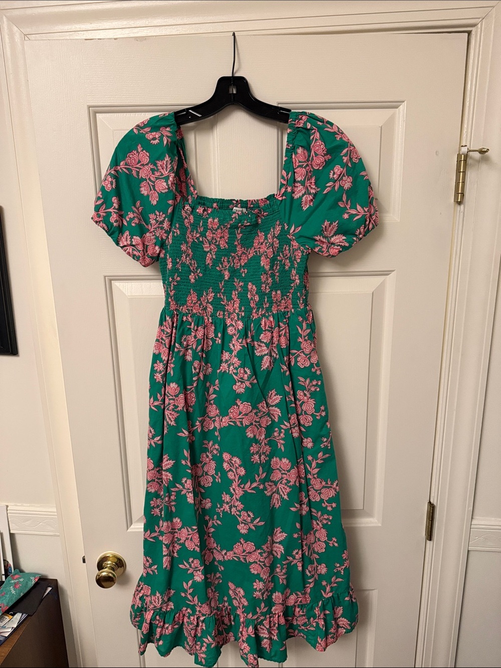 J. Crew factory Green Floral Puff-Sleeve Midi Dress with Pink flowers